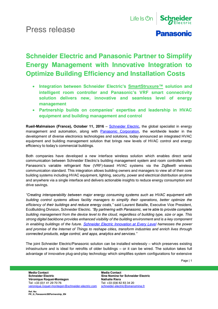 Schneider Electric og Panasonic går sammen om sømløs energistyring