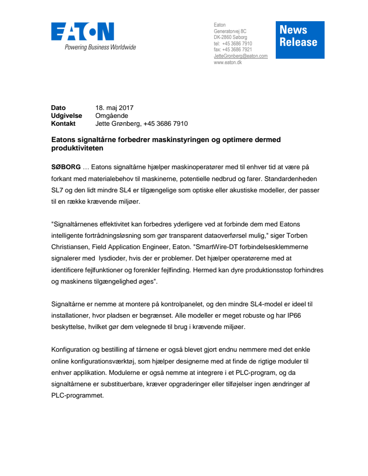 Eatons signaltårne forbedrer maskinstyringen og optimere dermed produktiviteten