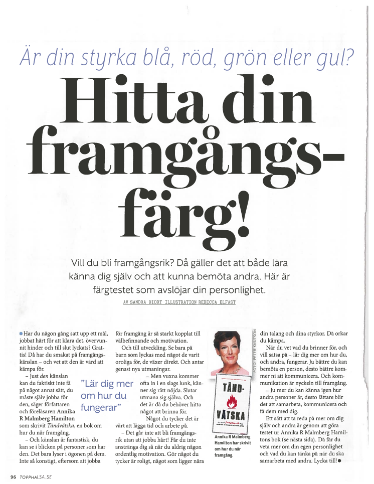 Annika R Malmberg i tidningen Topphälsa september 2015 - Hitta din framgångsfärg!