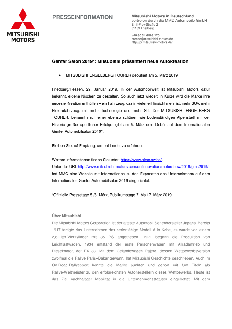 Genfer Salon 2019*: Mitsubishi präsentiert neue Autokreation 