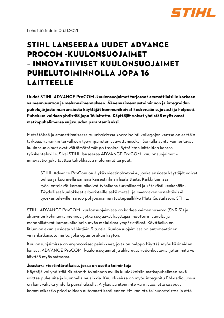 STIHL LANSEERAA UUDET ADVANCE PROCOM -KUULONSUOJAIMET   – INNOVATIIVISET KUULONSUOJAIMET PUHELUTOIMINNOLLA JOPA 16 LAITTEELLE  .pdf