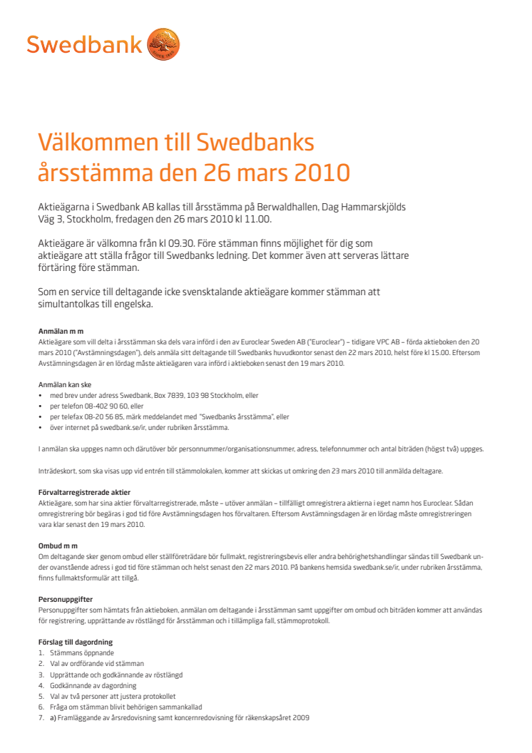 Välkommen till Swedbanks årsstämma den 26 mars 2010