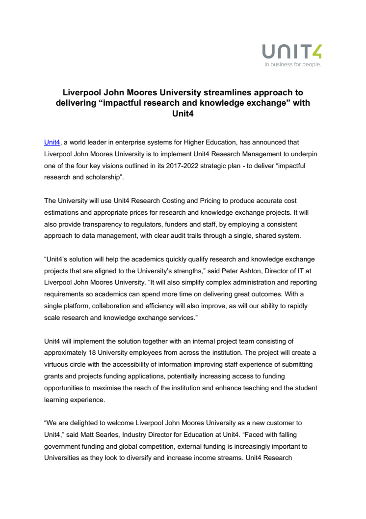Unit4 hjälper Liverpool John Moores University stärka sin forskning