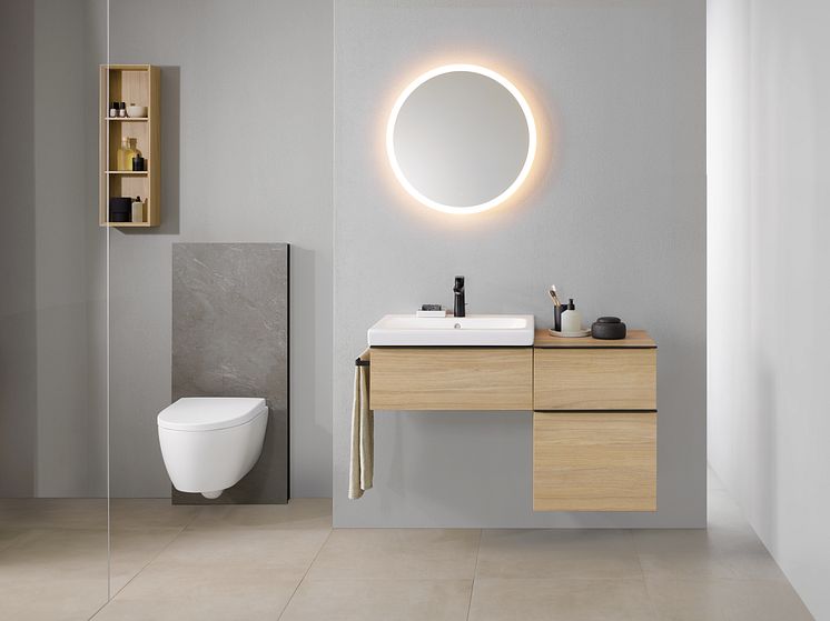 2023_iCon Bathroom with lay-on washbasin white matt, Monolith Plus light off, iCon WC wall-hung white matt, Option Mirror Round 60 light on_Original
