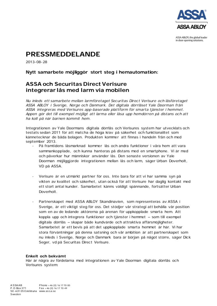ASSA och Securitas Direct Verisure integrerar lås med larm via mobilen
