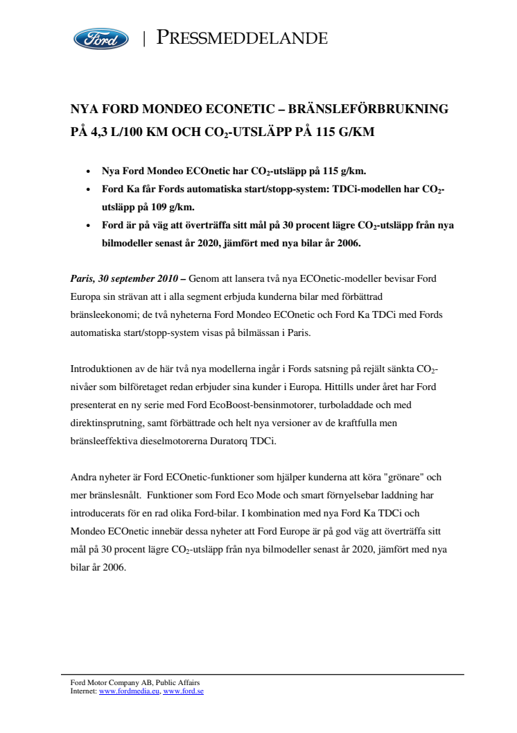 NYA FORD MONDEO ECONETIC – BRÄNSLEFÖRBRUKNING PÅ 4,3 L/100 KM OCH CO2-UTSLÄPP PÅ 115 G/KM