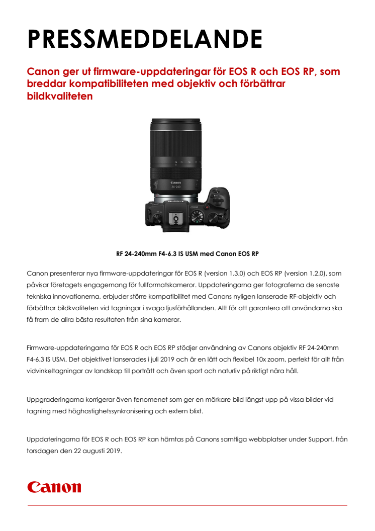 Canon ger ut firmware-uppdateringar för EOS R och EOS RP, som breddar kompatibiliteten med objektiv och förbättrar bildkvaliteten