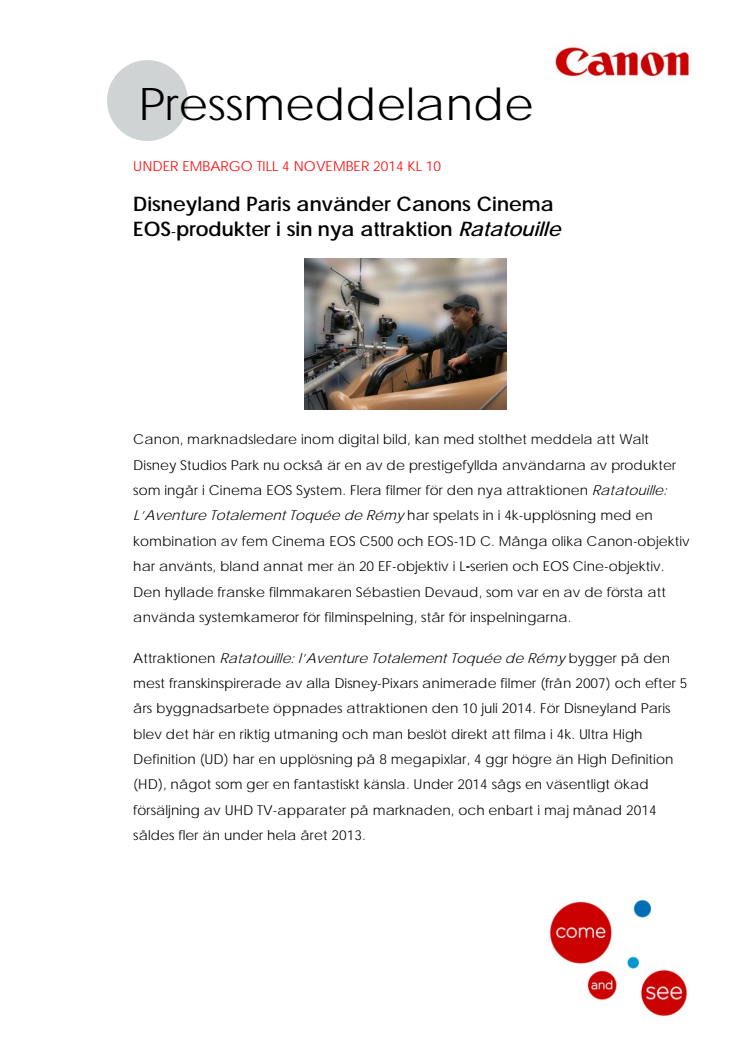 Disneyland Paris använder Canons Cinema EOS produkter i sin nya attraktion Ratatouille