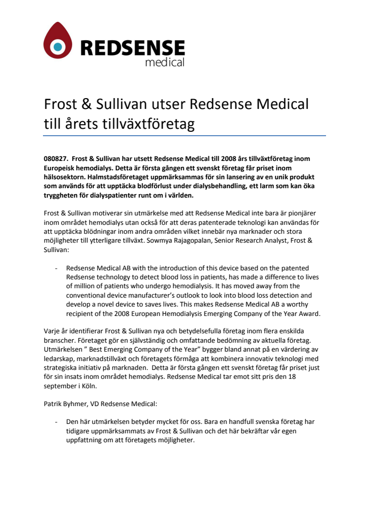 Frost & Sullivan utser Redsense Medical till årets tillväxtföretag 