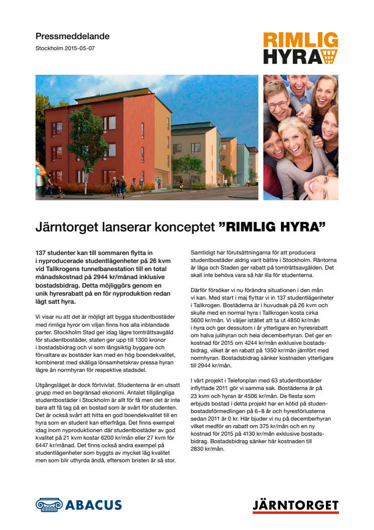 Järntorget lanserar konceptet "Rimlig hyra"
