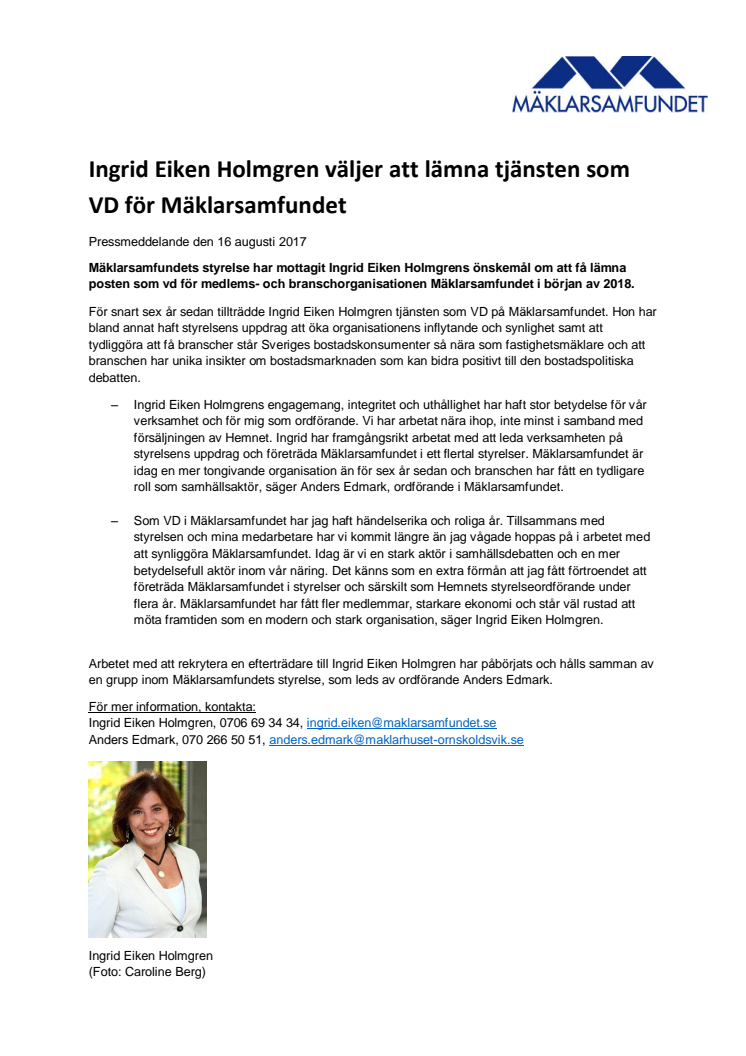 Ingrid Eiken Holmgren väljer att lämna tjänsten som VD för Mäklarsamfundet