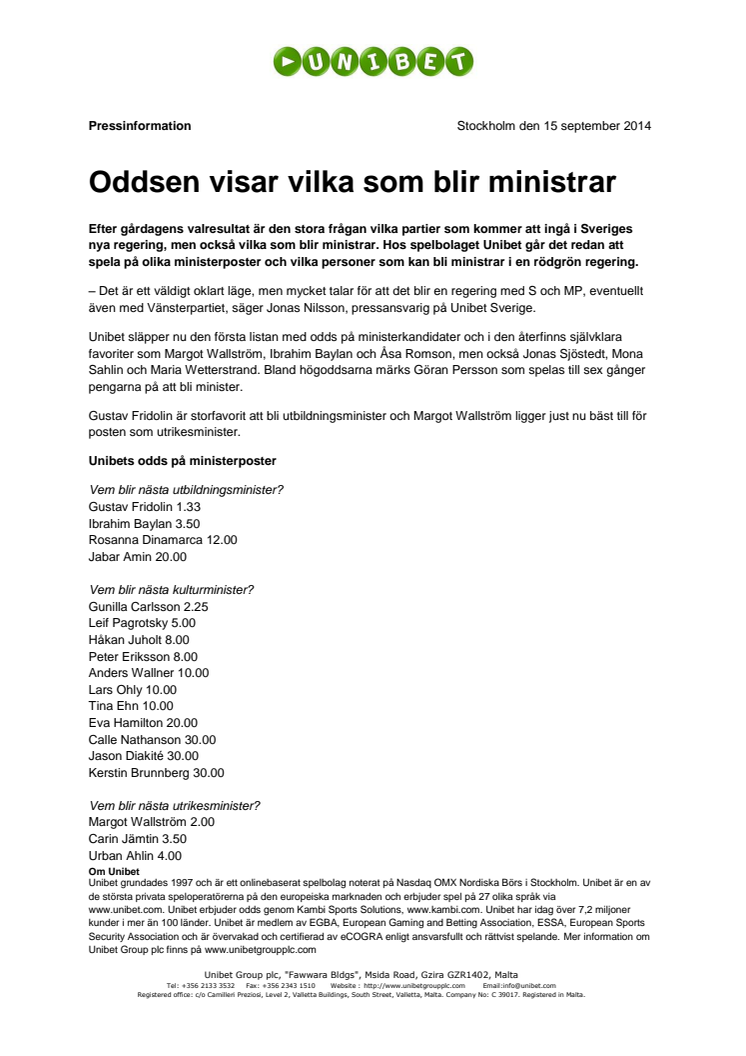 Oddsen visar vilka som blir ministrar