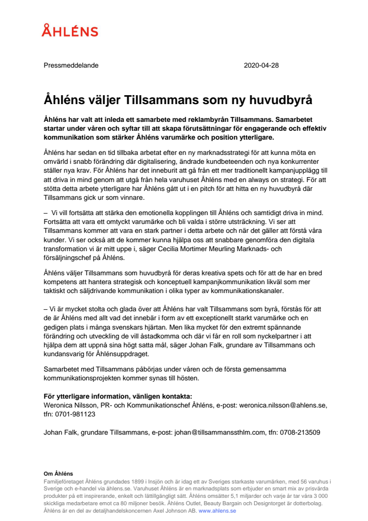 Åhléns väljer Tillsammans som ny huvudbyrå