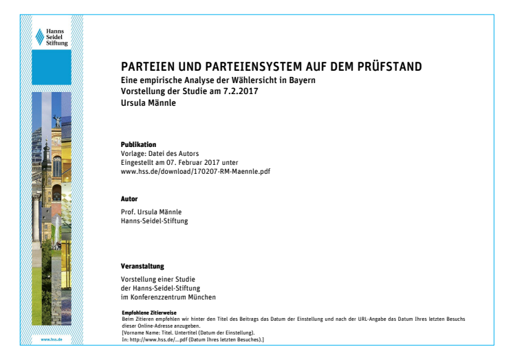 Rede der Vorsitzenden Ursula Männle bei der Vorstellung der Studie:  Parteien und Parteiensystem auf dem Prüfstand - Eine empirische Analyse der Wählersicht in Bayern