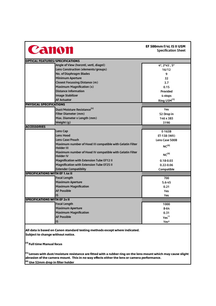 Teknisk specifikation Canon Canon EF 500 mm f/4L IS II USM