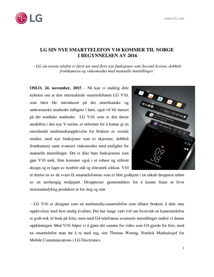 LG SIN NYE SMARTTELEFON V10 KOMMER TIL NORGE  I BEGYNNELSEN AV 2016