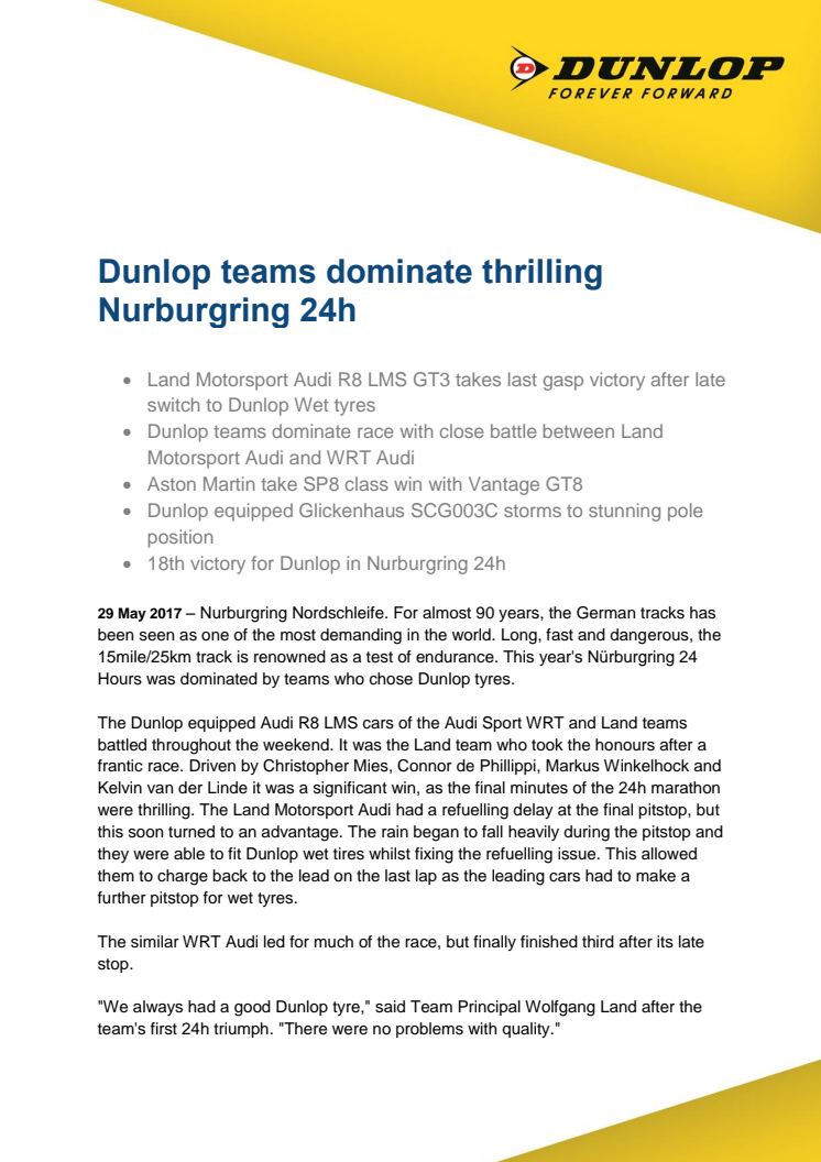 Dunlop teams dominate thrilling Nurburgring 24h