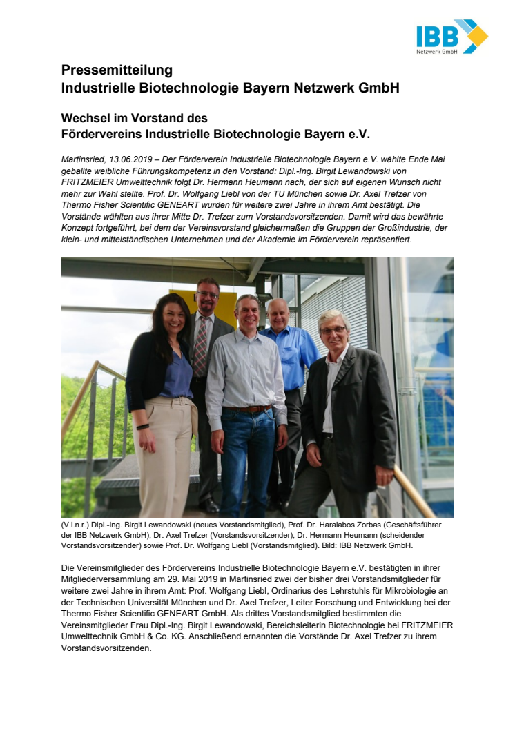 Wechsel im Vorstand des Fördervereins Industrielle Biotechnologie Bayern e.V.