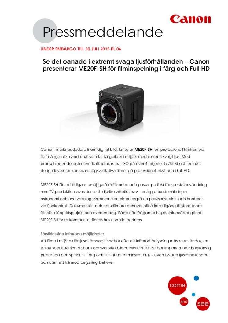 Se det oanade i extremt svaga ljusförhållanden – Canon presenterar ME20F-SH för filminspelning i färg och Full HD