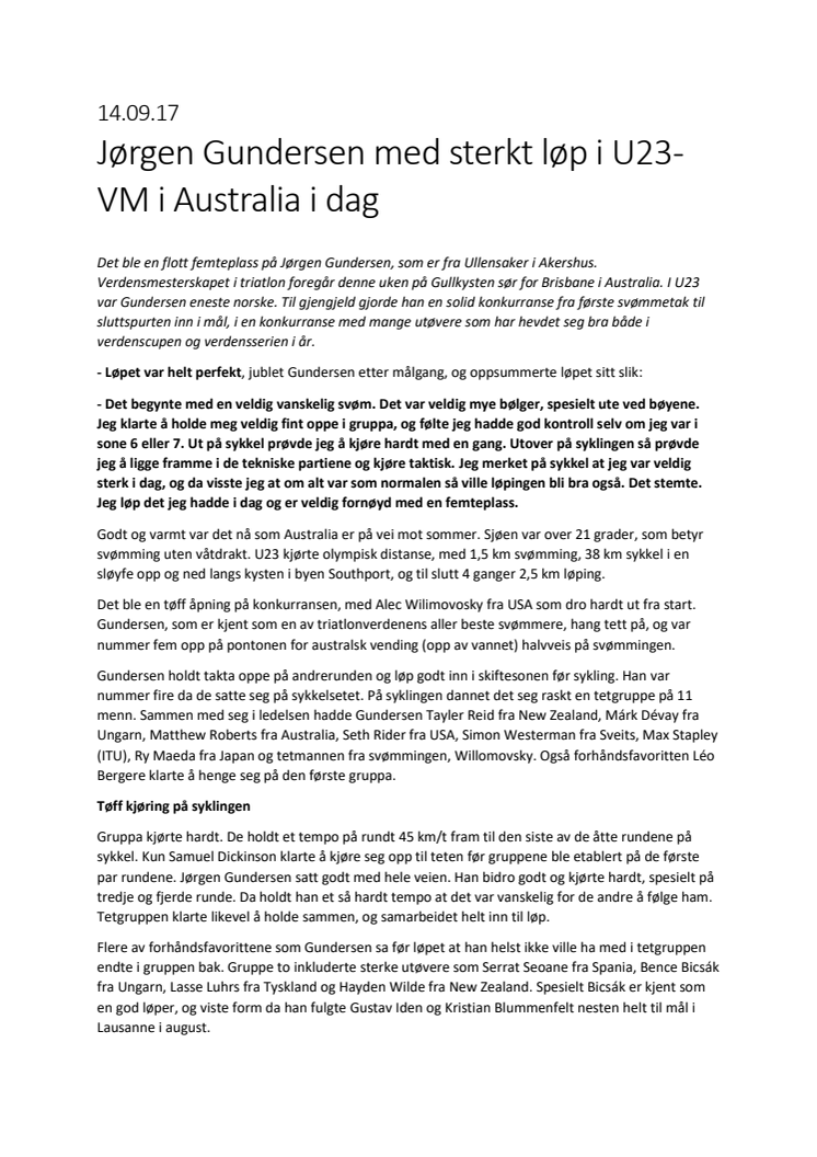 Jørgen Gundersen med sterkt løp i U23-VM i Australia i dag