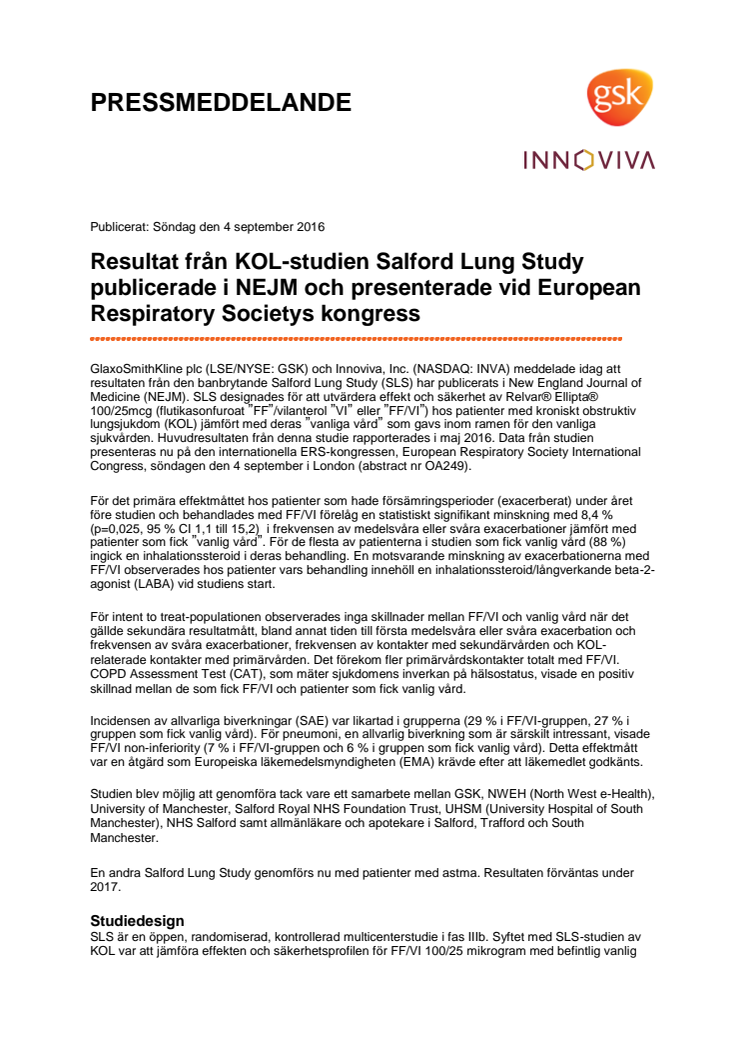 Resultat från KOL-studien Salford Lung Study publicerade i NEJM och presenterade vid European Respiratory Societys kongress