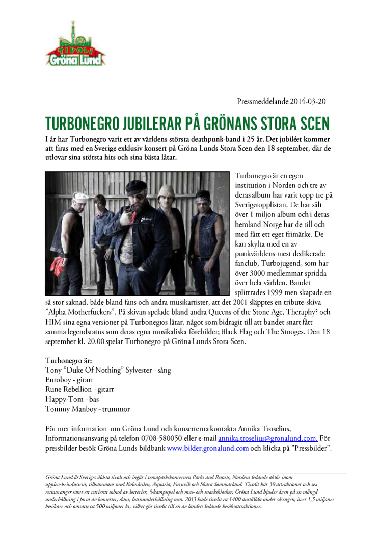 Turbonegro jubilerar på Grönans Stora Scen