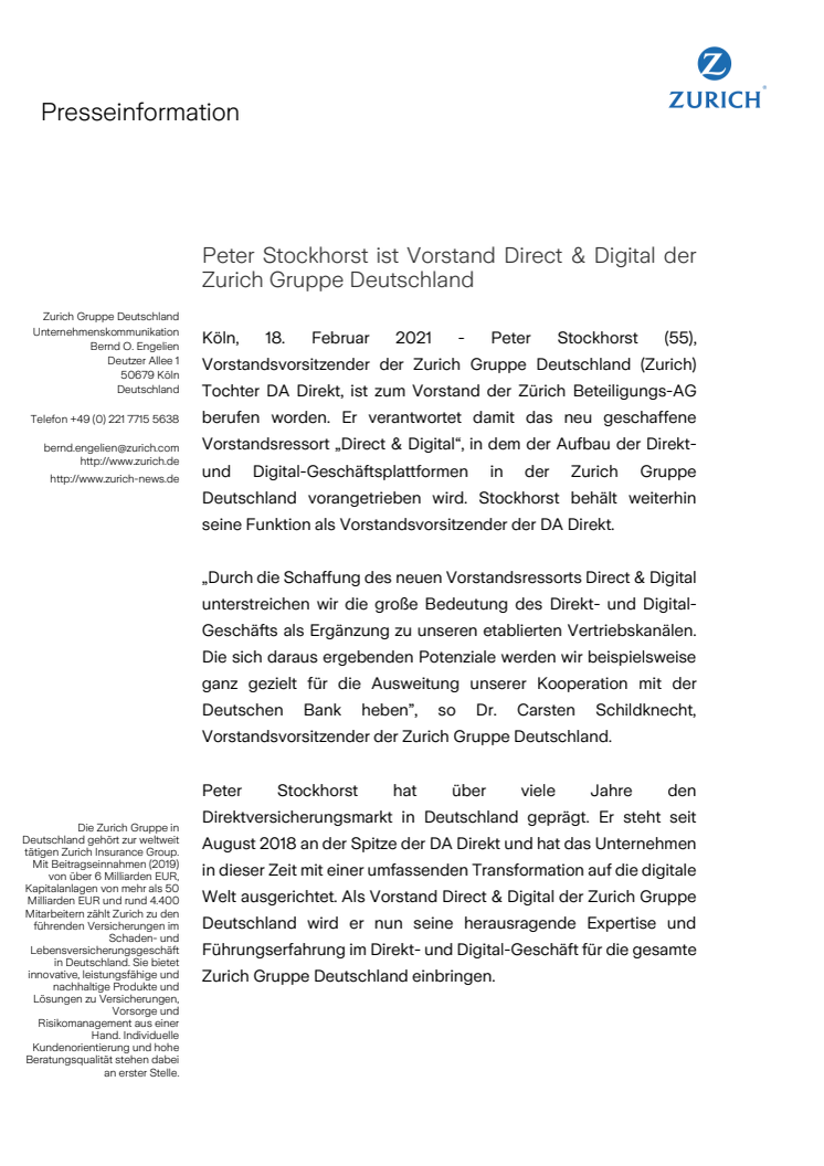 Peter Stockhorst ist Vorstand Direct & Digital der Zurich Gruppe Deutschland