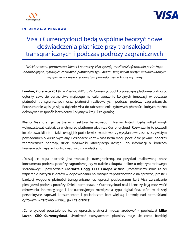 Visa i Currencycloud będą wspólnie tworzyć nowe doświadczenia płatnicze przy transakcjach transgranicznych i podczas podróży zagranicznych 