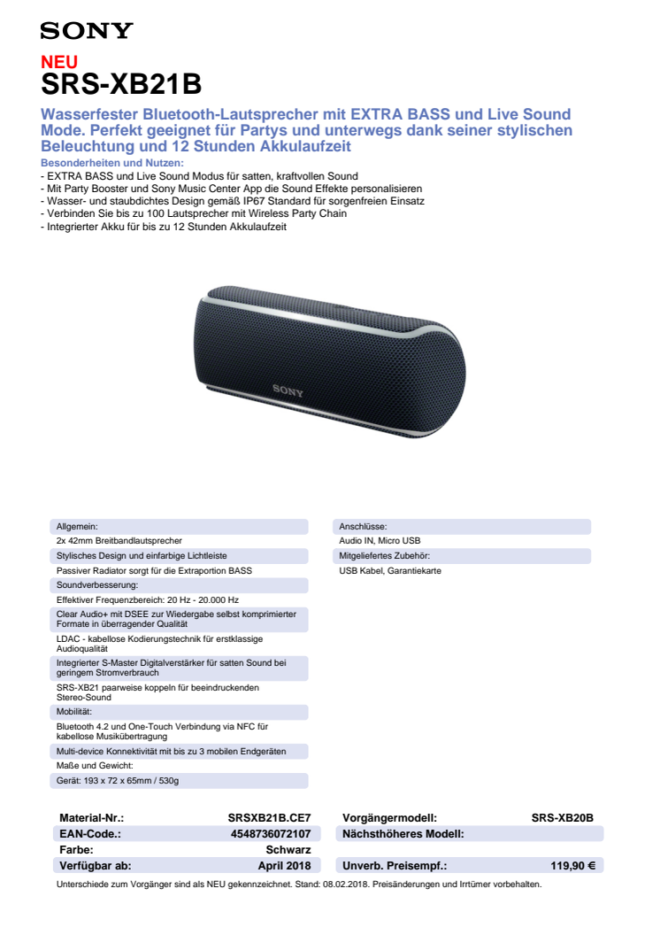 Datenblatt Wireless Speaker SRS-XB21 von Sony