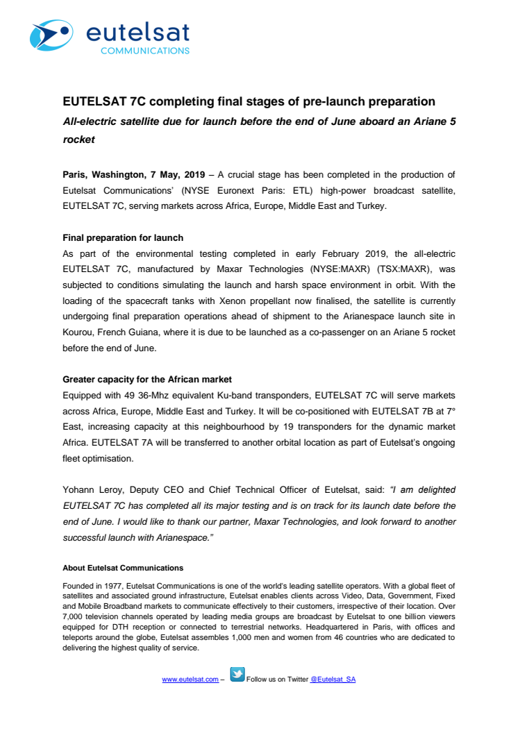 EUTELSAT 7C completing final stages of pre-launch preparation