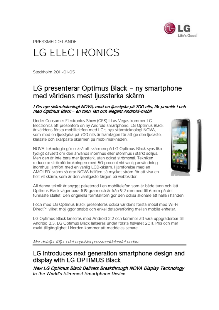 LG presenterar Optimus Black – ny smartphone med världens mest ljusstarka skärm  