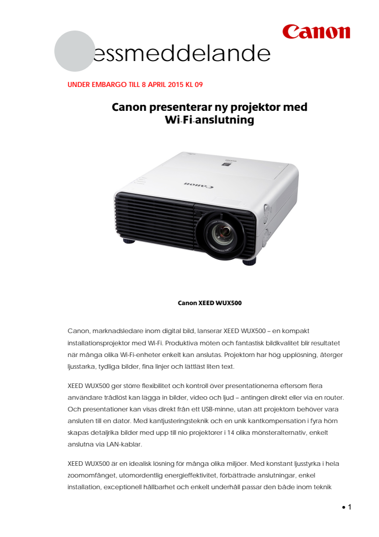 Canon presenterar ny projektor med Wi Fi anslutning