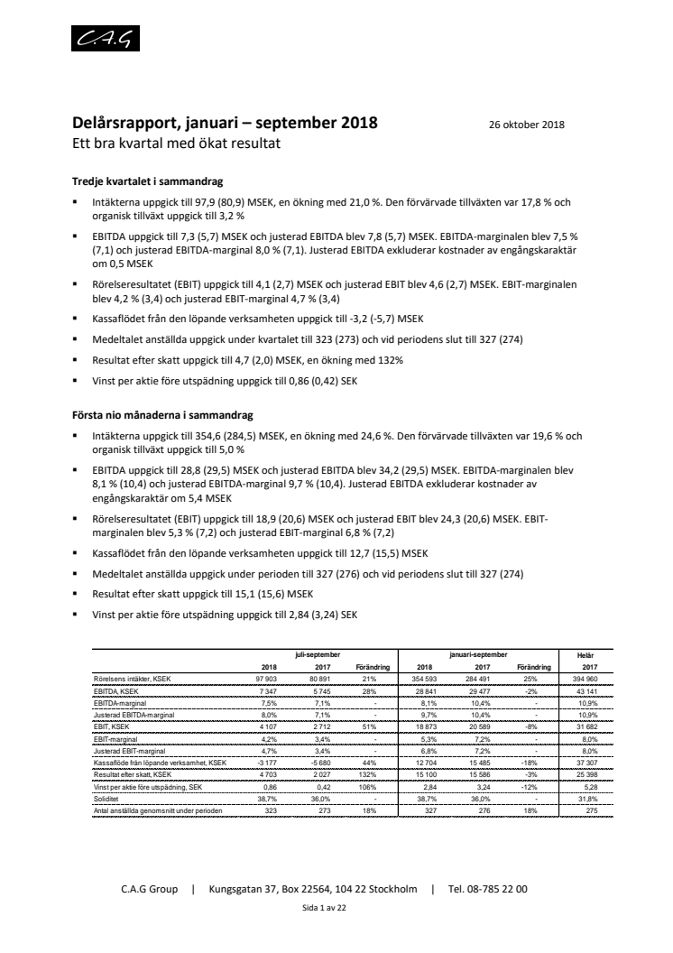 Delårsrapport för tredje kvartalet 2018