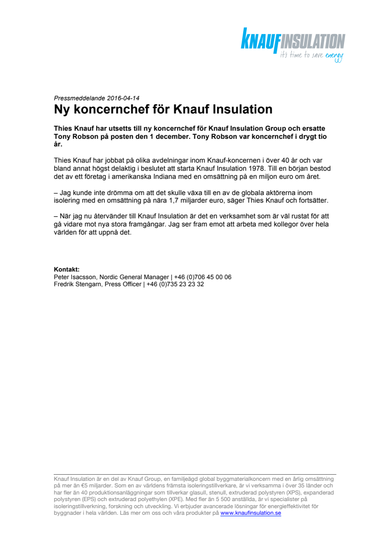 Ny koncernchef för Knauf Insulation 