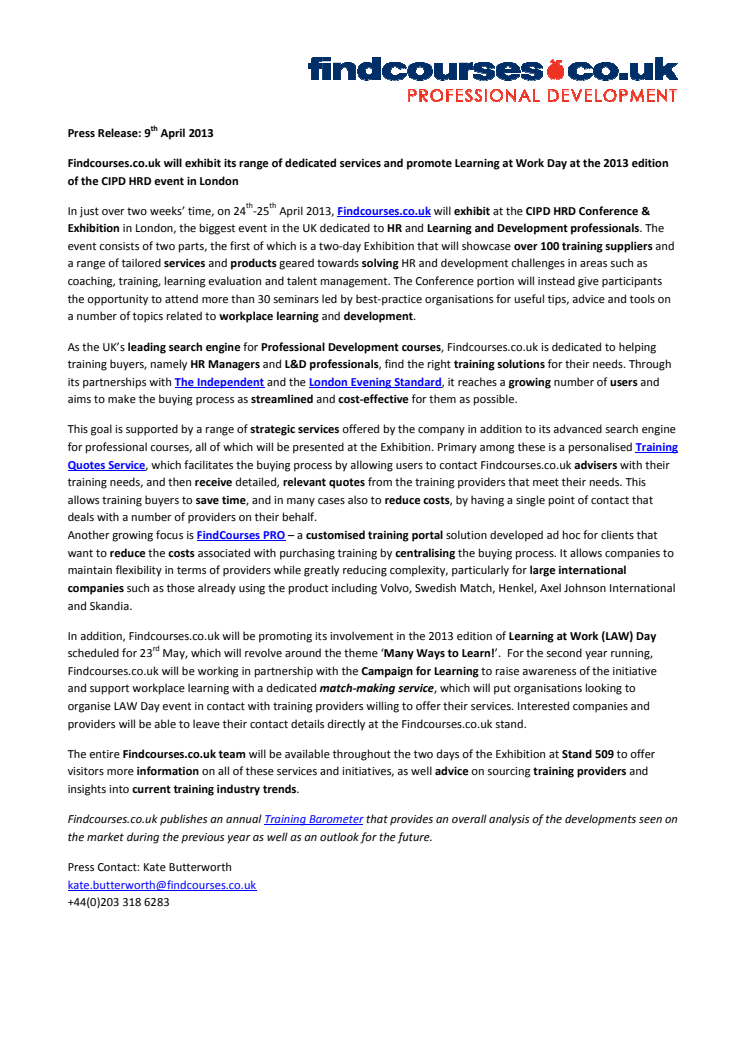 Findcourses.co.uk to participate in the 2013 CIPD HRD Exhibition