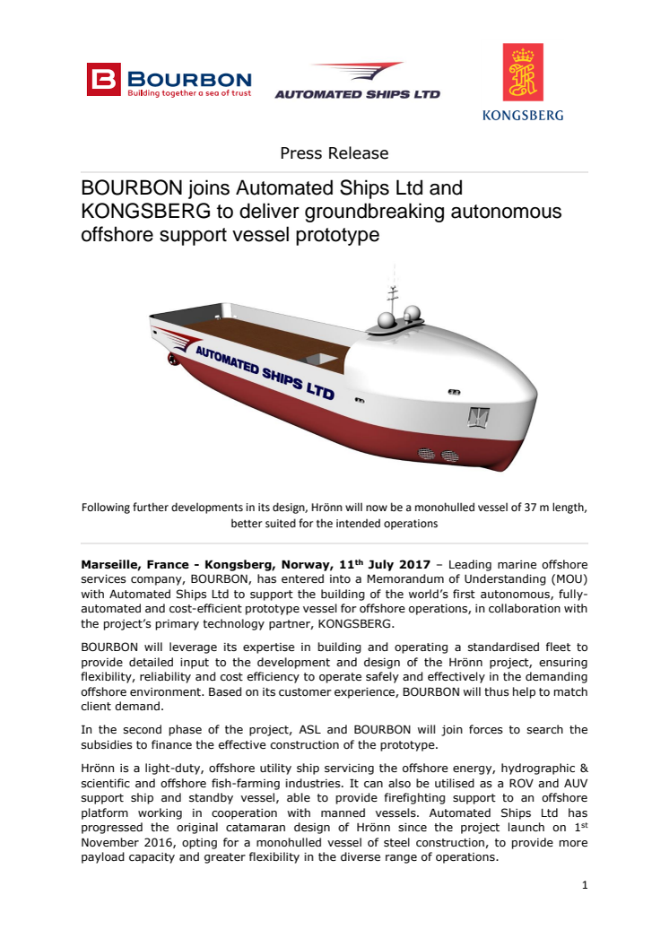 Kongsberg Maritime: BOURBON joins Automated Ships Ltd and KONGSBERG to deliver groundbreaking autonomous offshore support vessel prototype