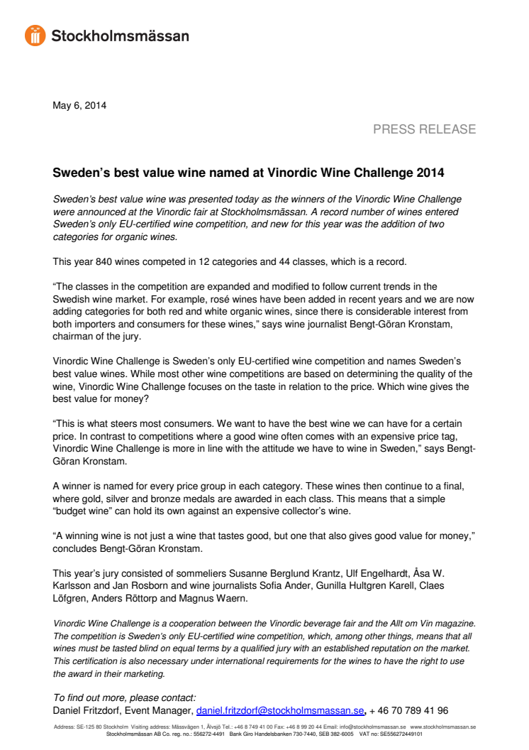 Sweden’s best value wine named at Vinordic Wine Challenge 2014
