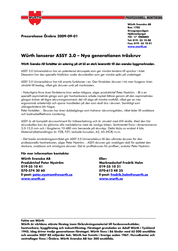 Würth lanserar ASSY 3.0 - Nya generationen träskruv