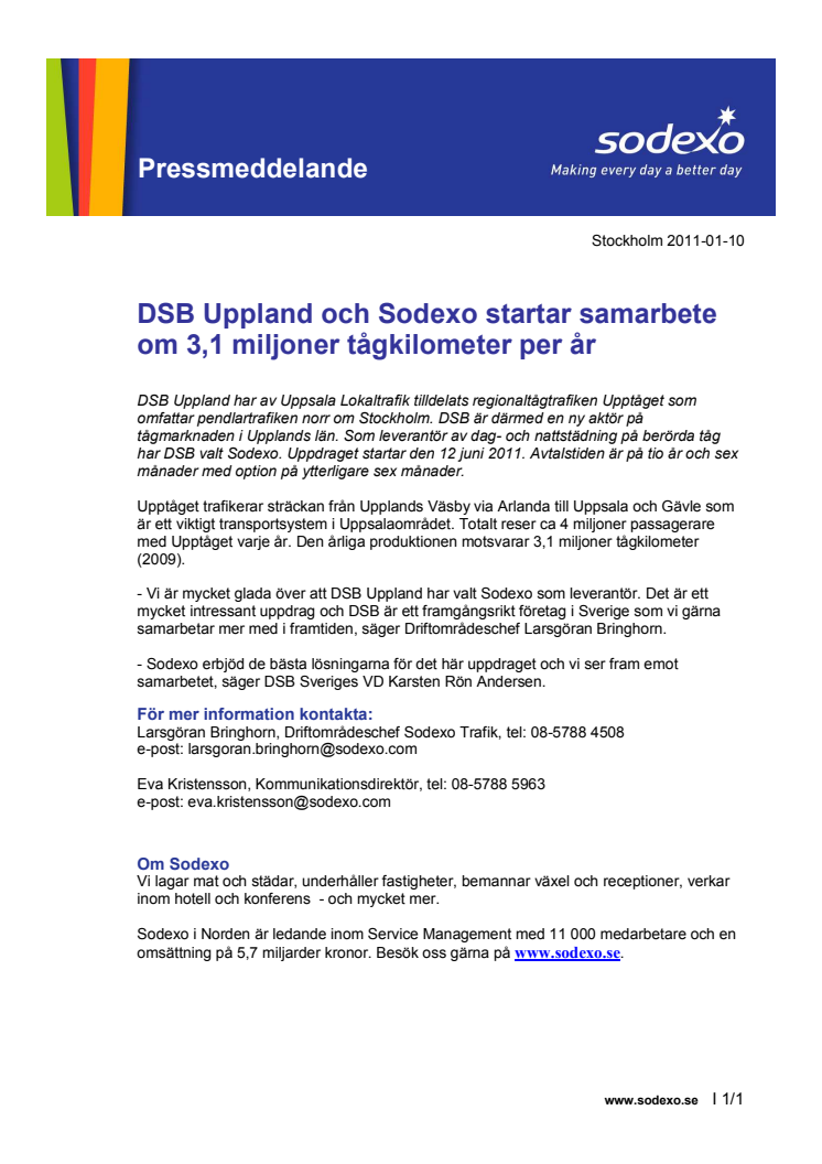 DSB Uppland och Sodexo startar samarbete om 3,1 miljoner tågkilometer per år