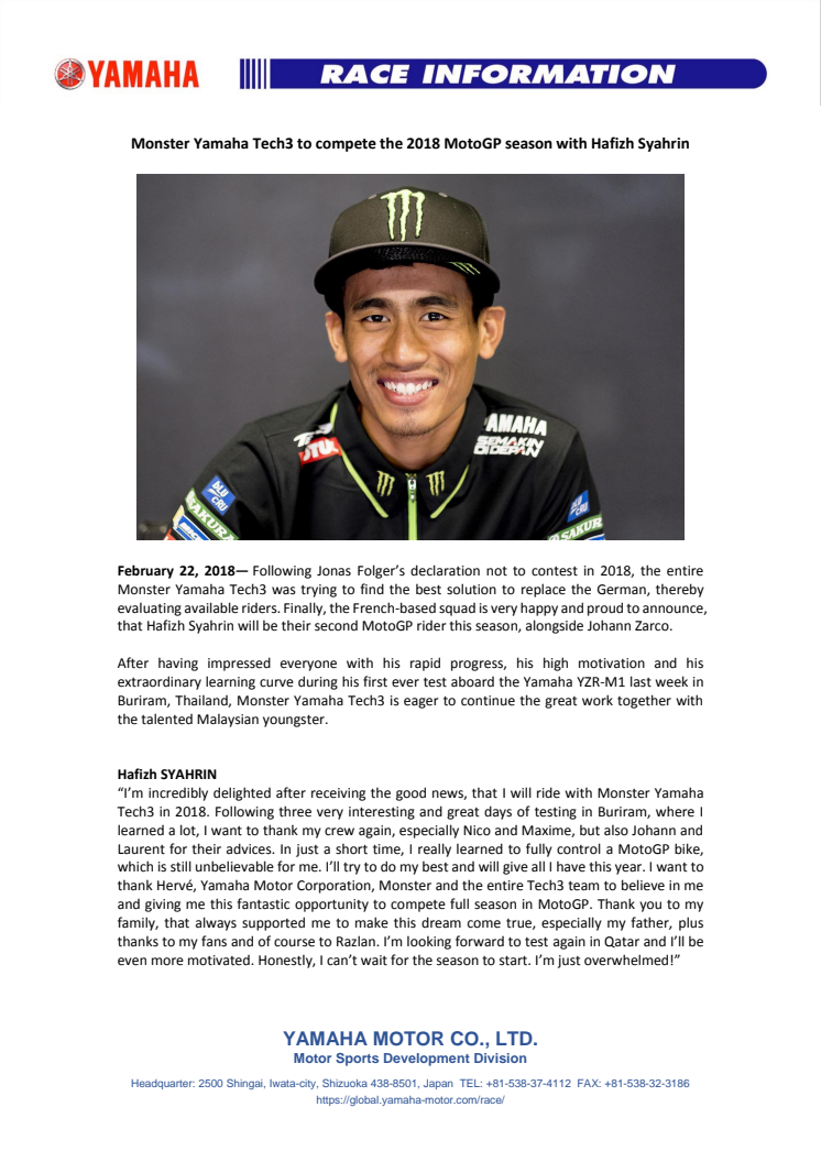 Monster Yamaha Tech3 to compete the 2018 MotoGP season with Hafizh Syahrin