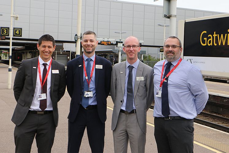 Platform - from left, Stephen MacCallaugh, Head of Gatwick Express, Stephen Darbyshire, Operations Manager, David Stronell, Area Station Manager, Tim Aveline, On-Board Services Manager