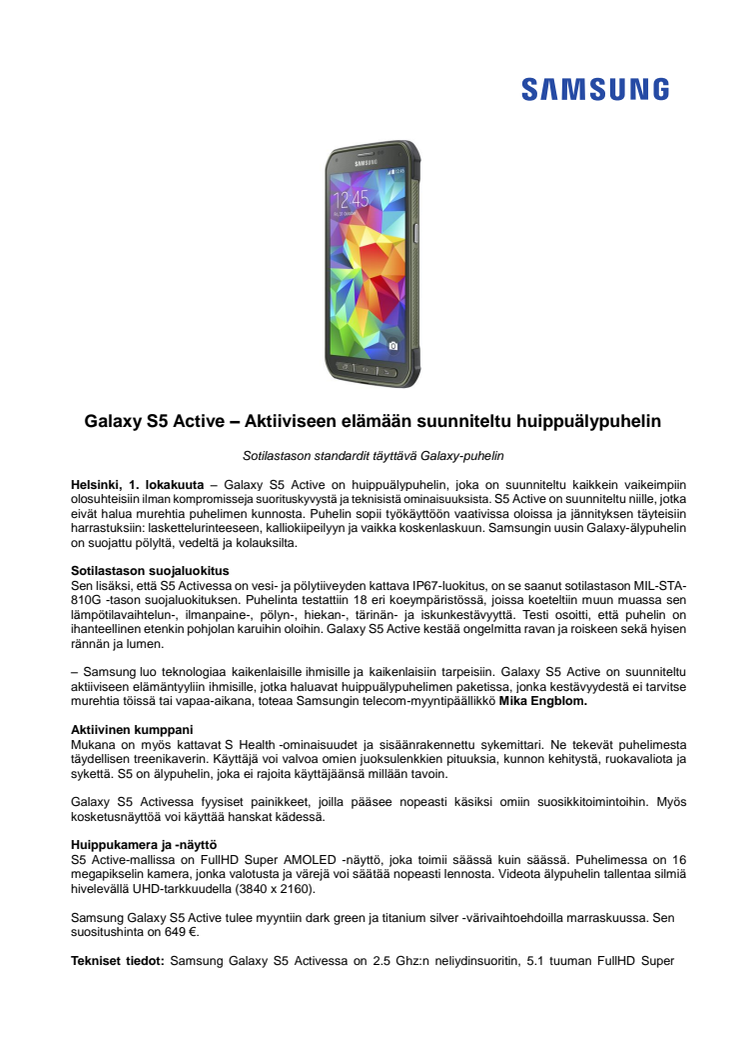 Galaxy S5 Active – Aktiiviseen elämään suunniteltu huippuälypuhelin