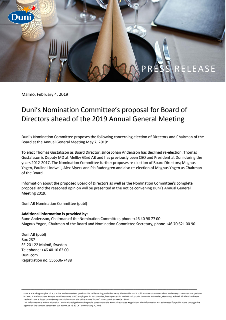 Duni’s Nomination Committee’s proposal for Board of Directors ahead of the 2019 Annual General Meeting