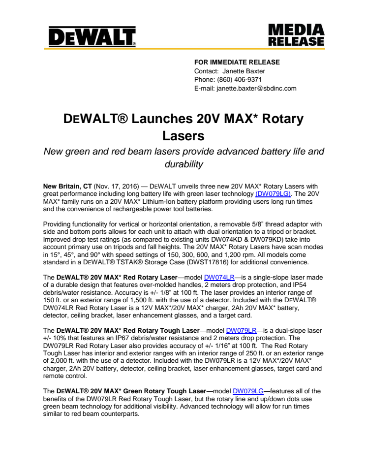 DEWALT® Launches 20V MAX* Rotary Lasers
