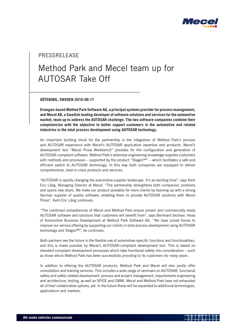 Method Park and Mecel team up for AUTOSAR Take Off