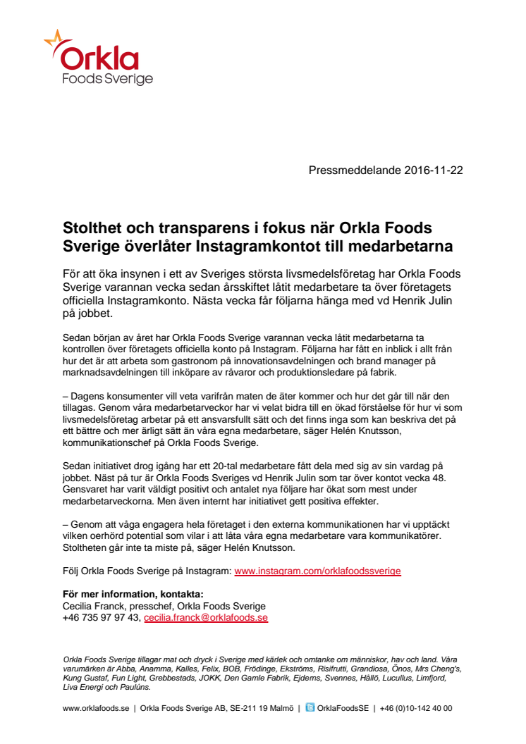 ​Stolthet och transparens i fokus när Orkla Foods Sverige överlåter Instagramkontot till medarbetarna
