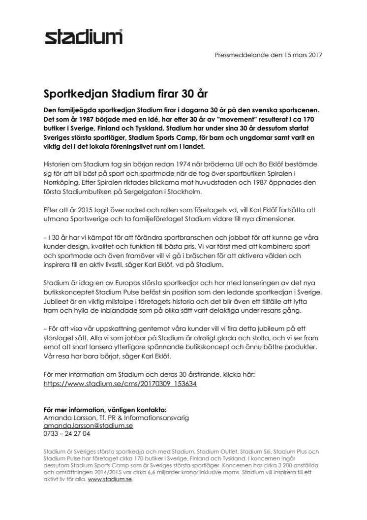 Sportkedjan Stadium firar 30 år