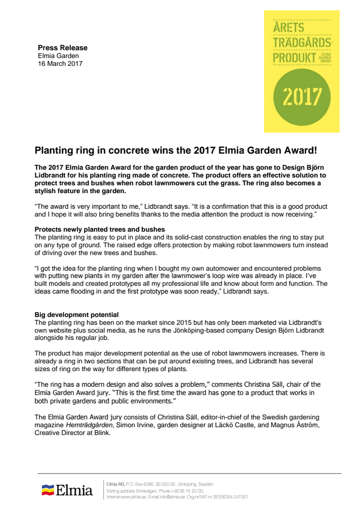 Planting ring in concrete wins the 2017 Elmia Garden Award! 