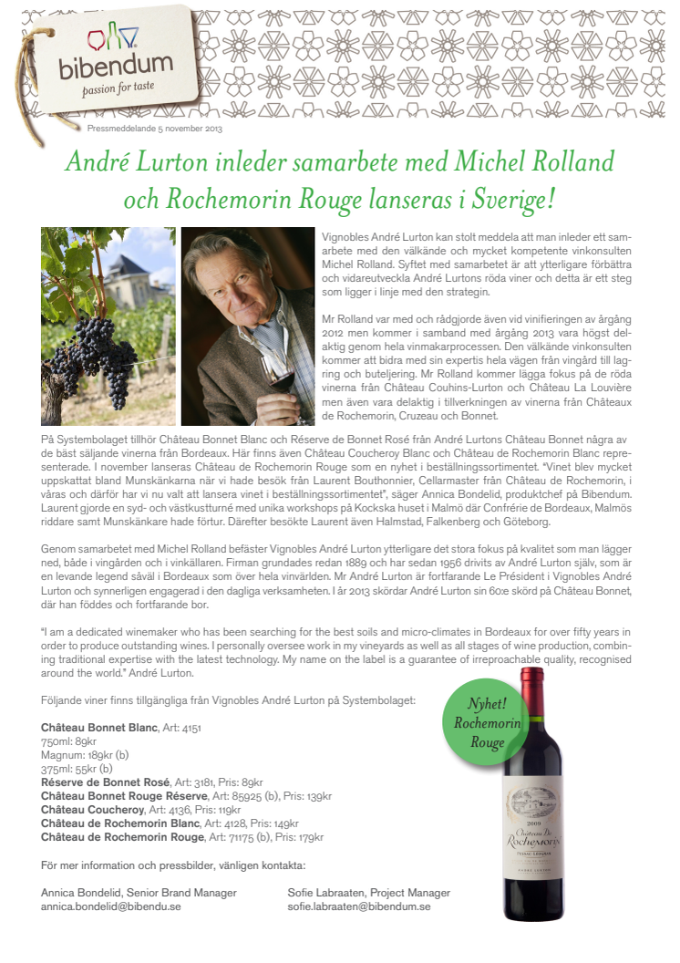 André Lurton inleder samarbete med Michel Rolland och Rochemorin Rouge lanseras i Sverige!
