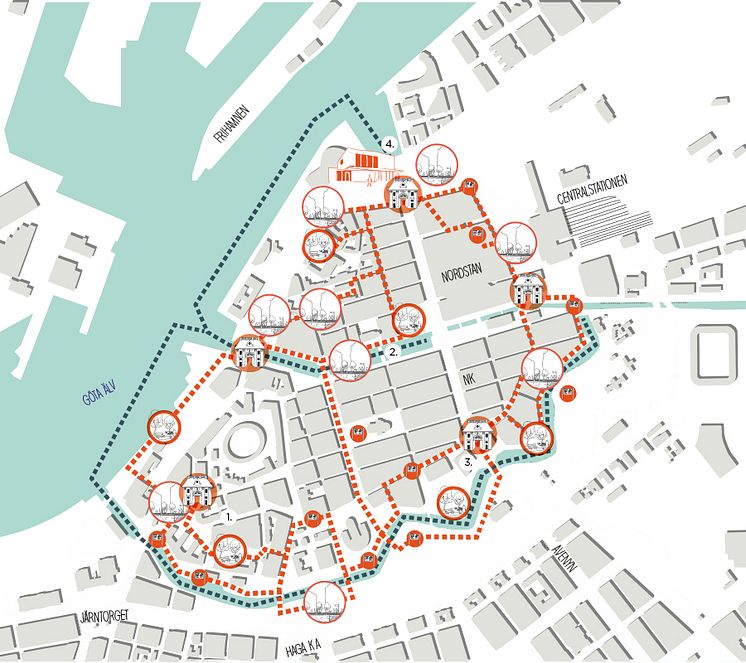 Karta över fästningsstaden Göteborg med intressanta lämningar.